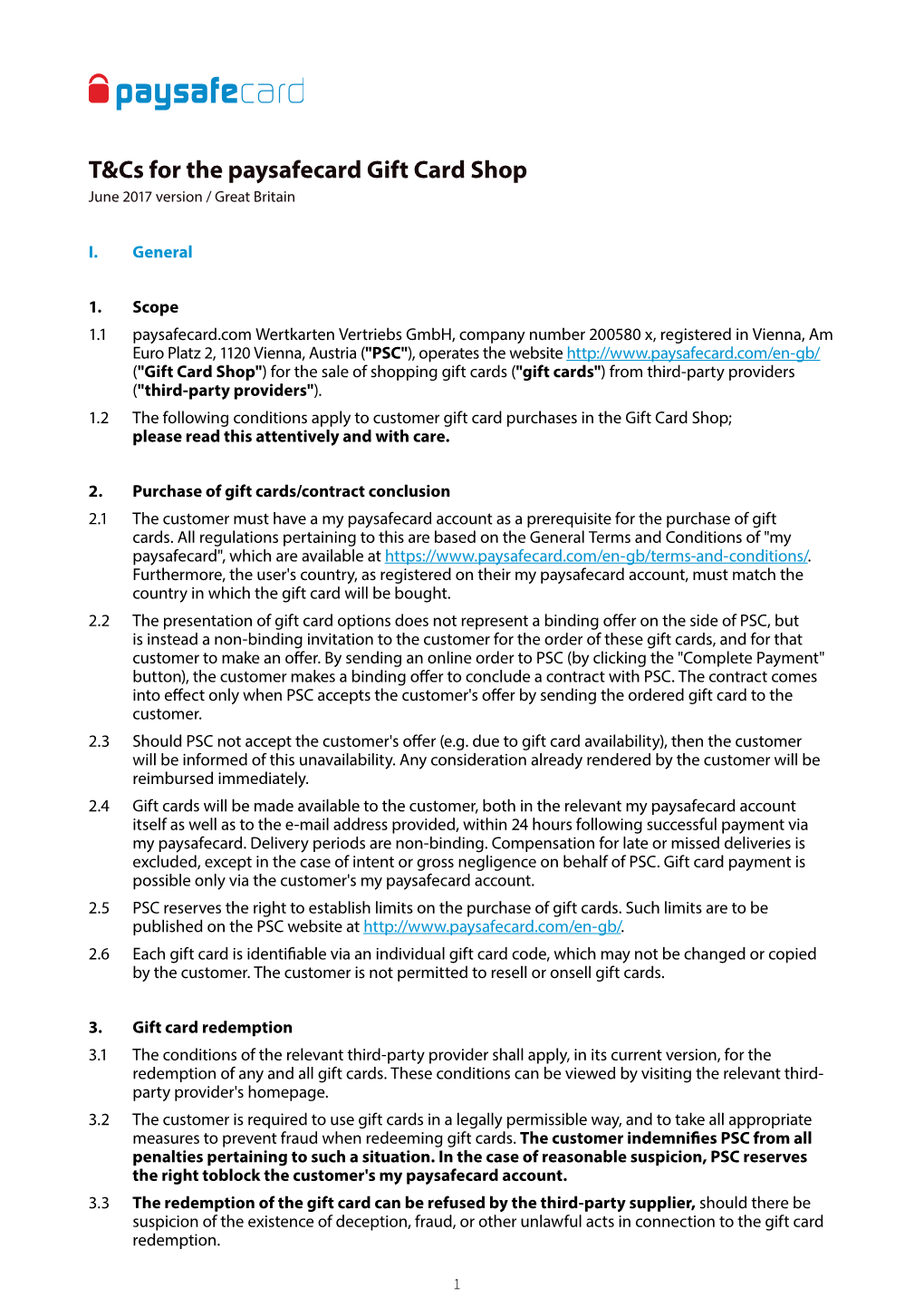 T&Cs for the Paysafecard Gift Card Shop