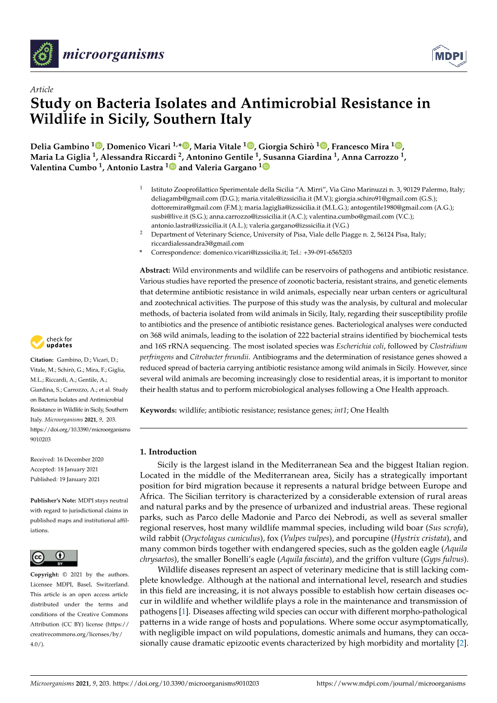 Study on Bacteria Isolates and Antimicrobial Resistance in Wildlife in Sicily, Southern Italy