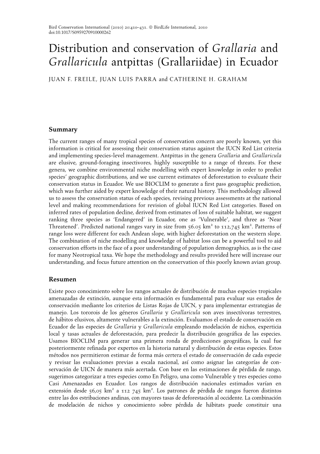 Distribution and Conservation of Grallaria and Grallaricula Antpittas (Grallariidae) in Ecuador