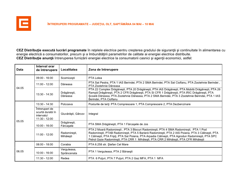 CEZ Distribuţie Execută Lucrări Programate În Reţelele Electrice