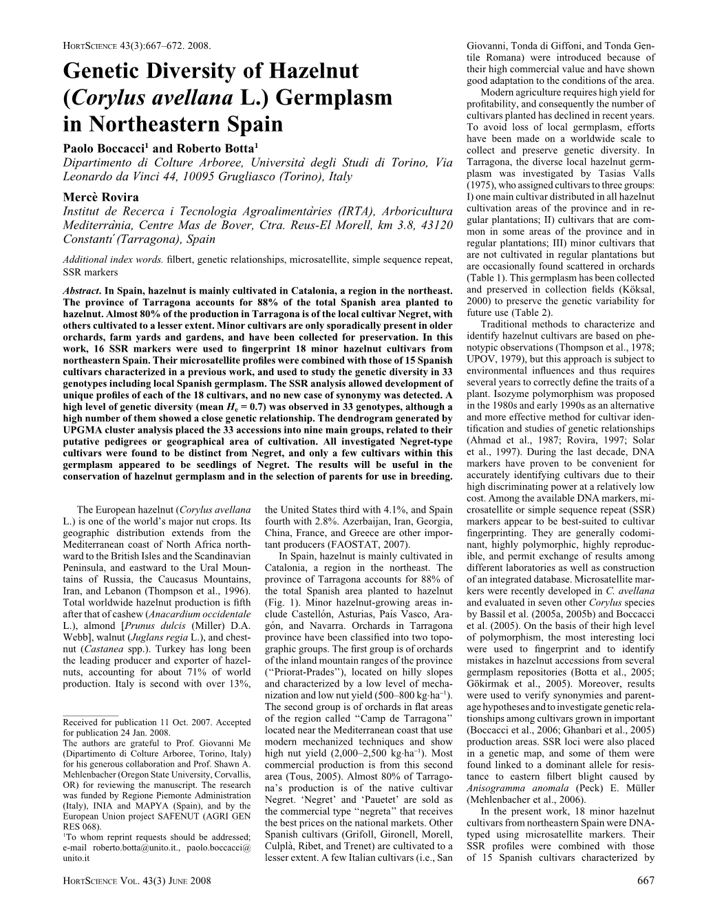 Genetic Diversity of Hazelnut (Corylus Avellana L.) Germplasm In