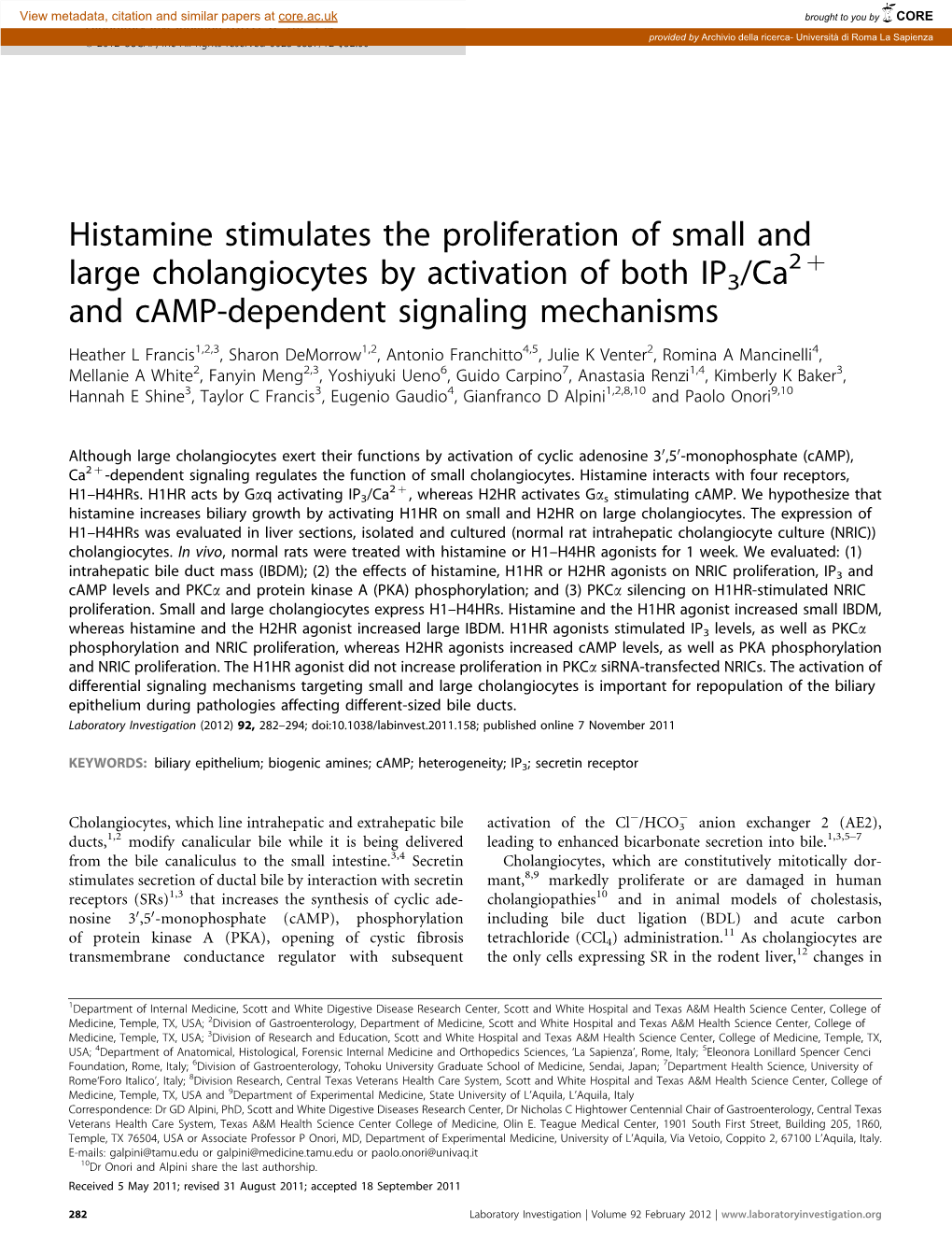 Histamine Stimulates the Proliferation of Small and Large Cholangiocytes by Activation of Both IP3&Sol