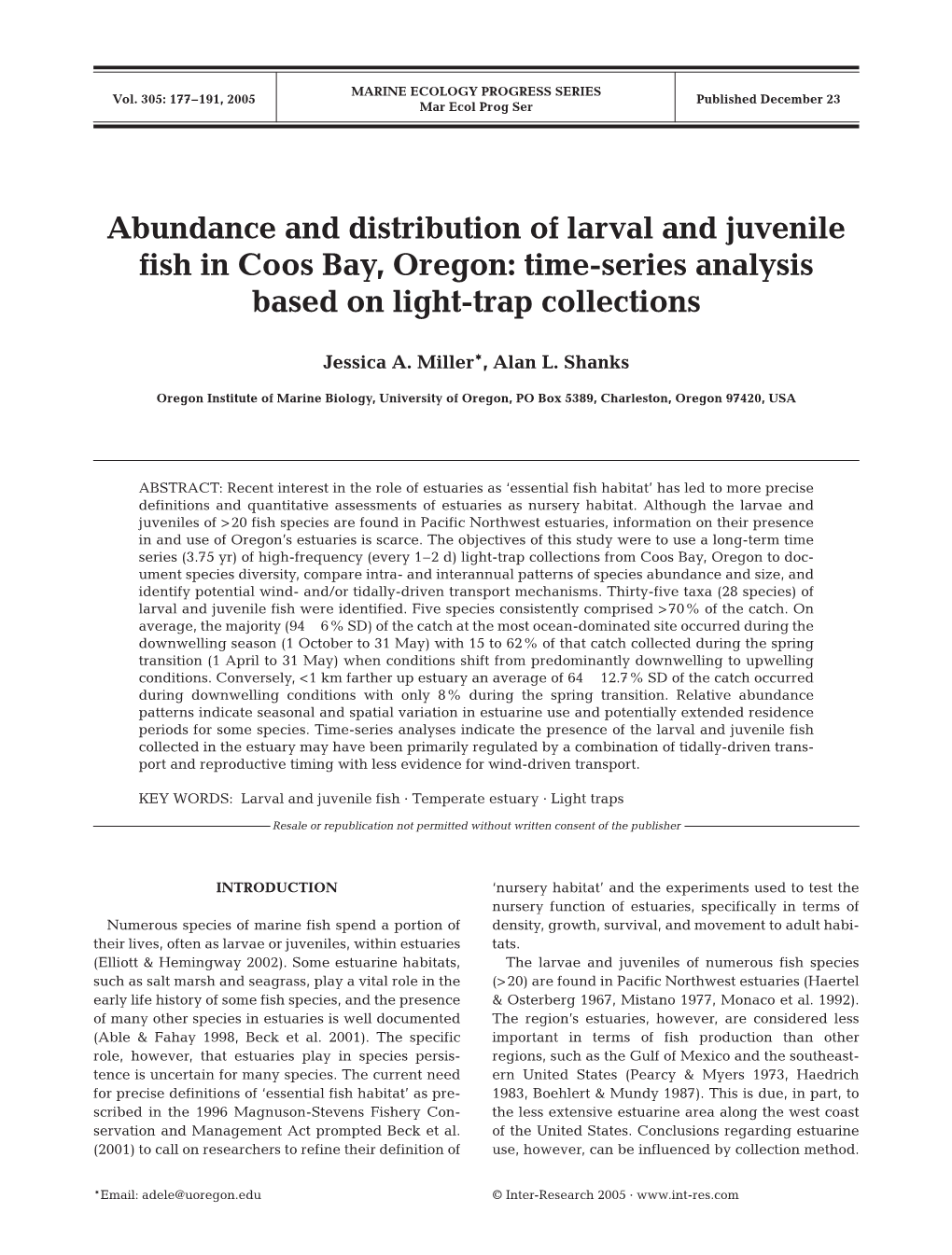 Abundance and Distribution of Larval and Juvenile Fish in Coos Bay, Oregon: Time-Series Analysis Based on Light-Trap Collections