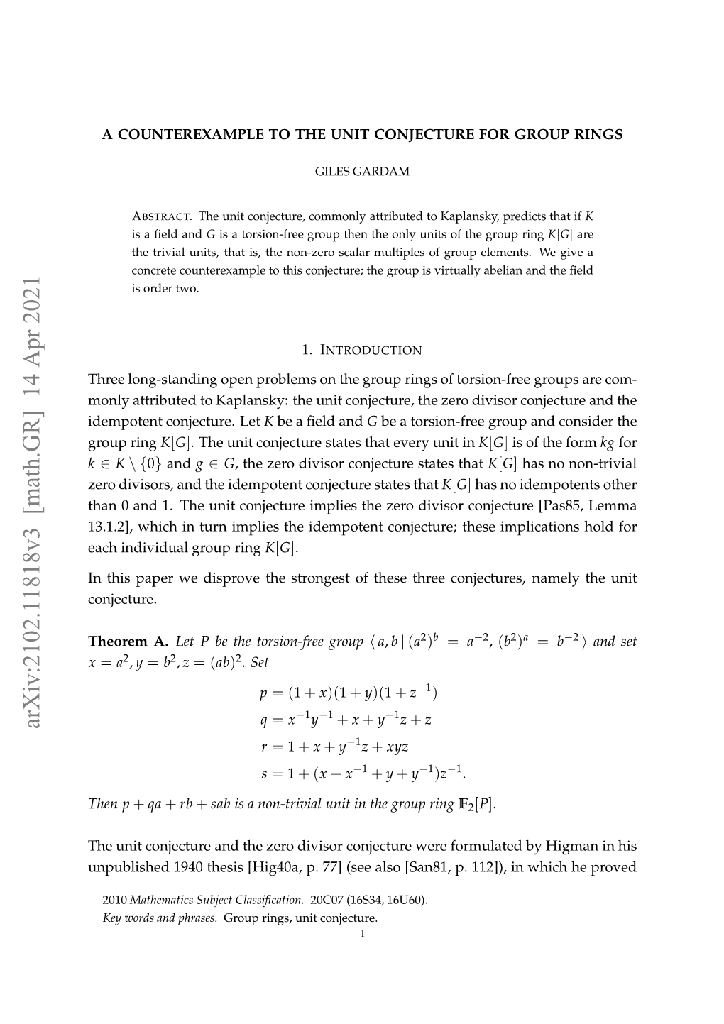 Arxiv:2102.11818V3 [Math.GR]