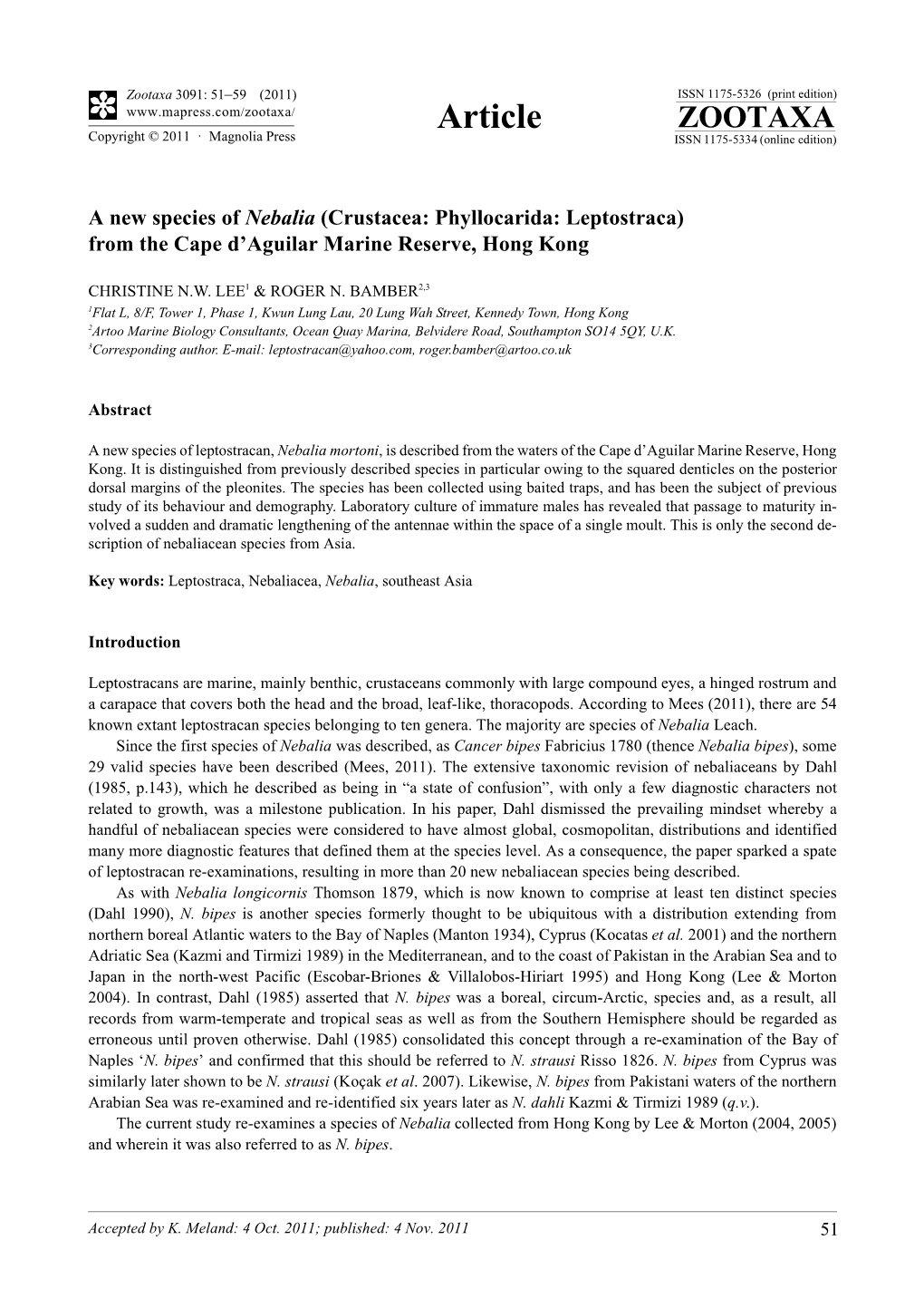 A New Species of Nebalia (Crustacea: Phyllocarida: Leptostraca) from the Cape D’Aguilar Marine Reserve, Hong Kong