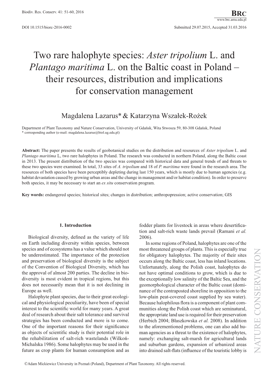 Aster Tripolium L. and Plantago Maritima L. on the Baltic Coast in Poland – Their Resources, Distribution and Implications for Conservation Management