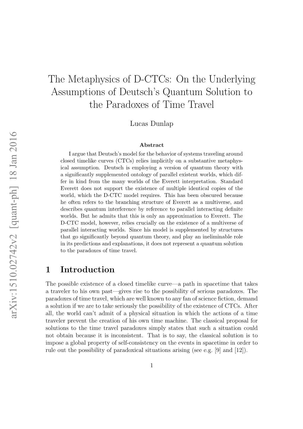 The Metaphysics of D-Ctcs: on the Underlying Assumptions of Deutsch's Quantum Solution to the Paradoxes of Time Travel Arxiv:1