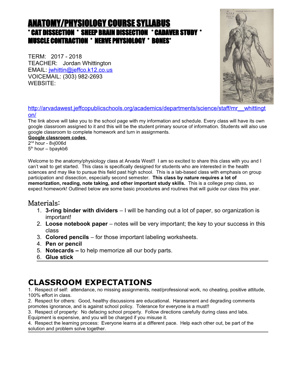 Anatomy/Physiology Course Syllabus