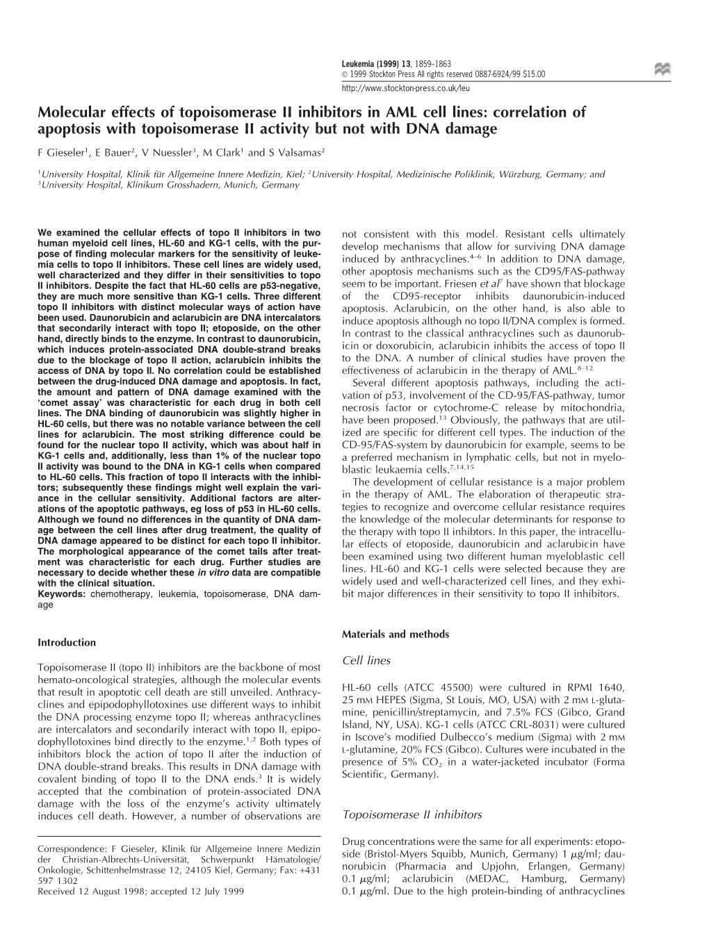 Molecular Effects of Topoisomerase II Inhibitors in AML Cell Lines