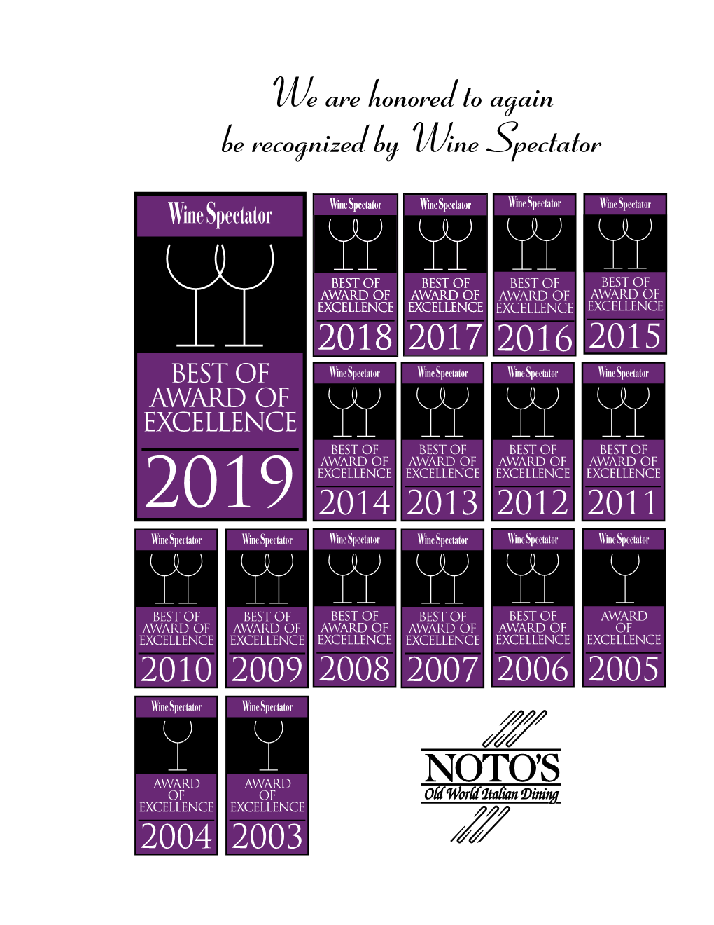 We Are Honored to Again Be Recognized by Wine Spectator