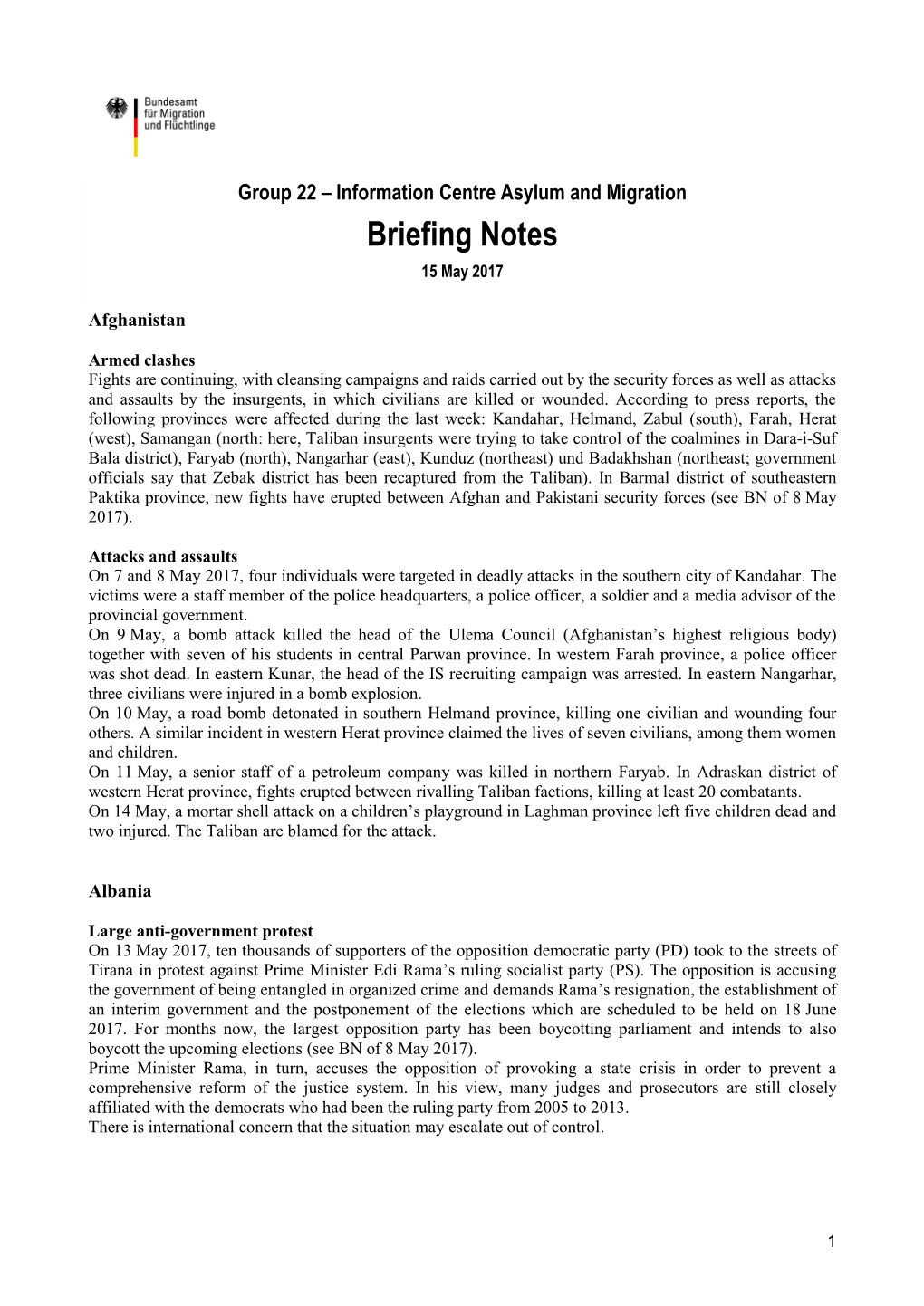 Briefing Notes 15 May 2017