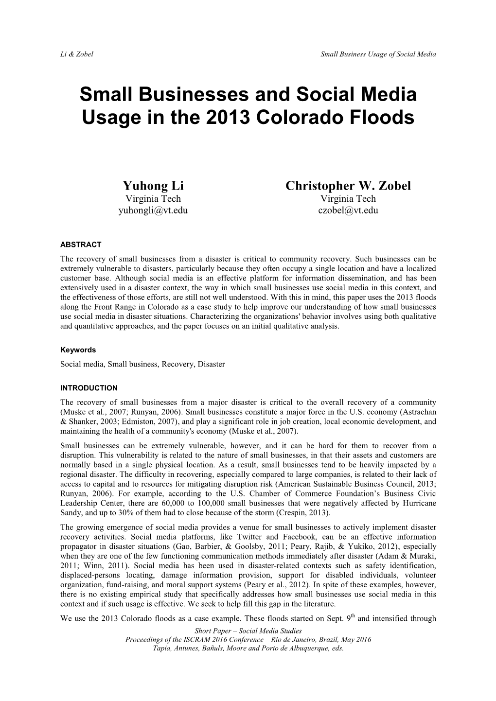 Small Businesses and Social Media Usage in the 2013 Colorado Floods
