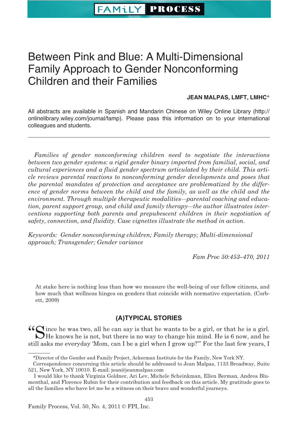 A Multi-Dimensional Family Approach to Gender Nonconforming Children and Their Families