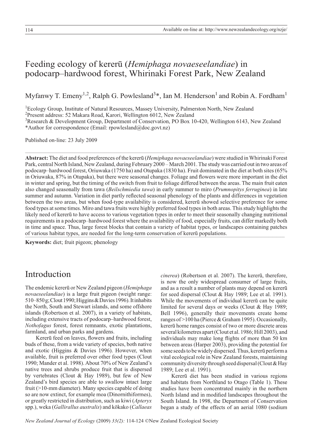 Feeding Ecology of Kererū (Hemiphaga Novaeseelandiae) in Podocarp–Hardwood Forest, Whirinaki Forest Park, New Zealand