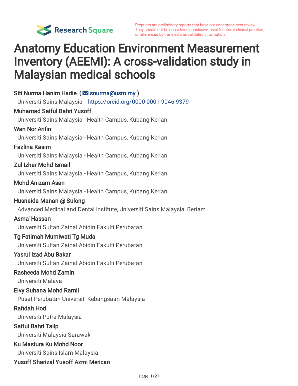 Anatomy Education Environment Measurement Inventory (AEEMI): a Cross-Validation Study in Malaysian Medical Schools