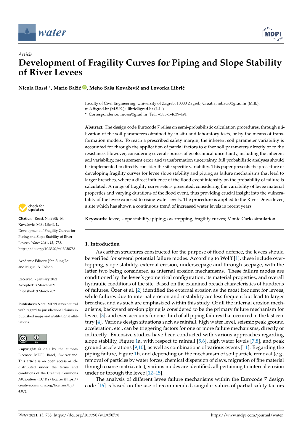 Development of Fragility Curves for Piping and Slope Stability of River Levees