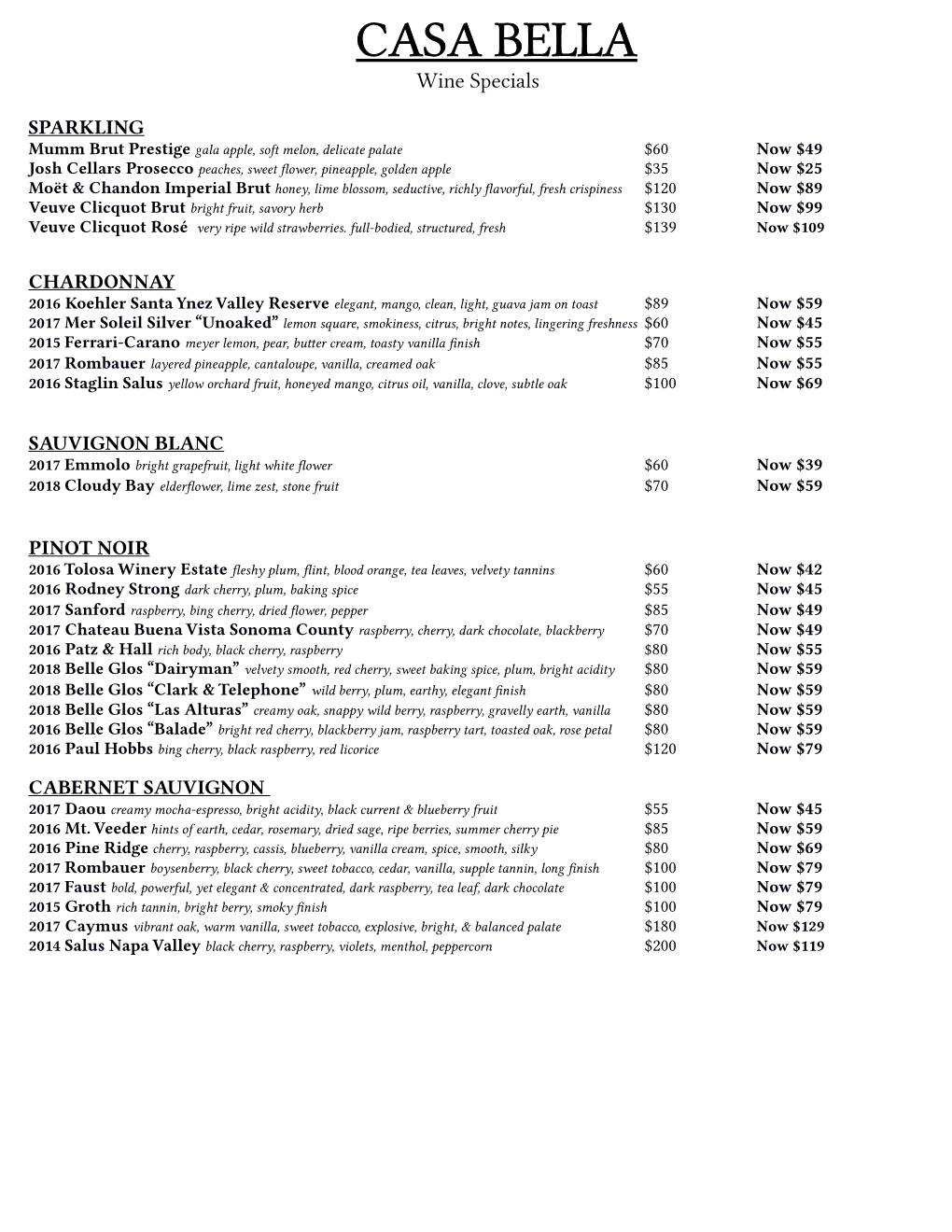 Primes Special Picks by the Glass and Bottle