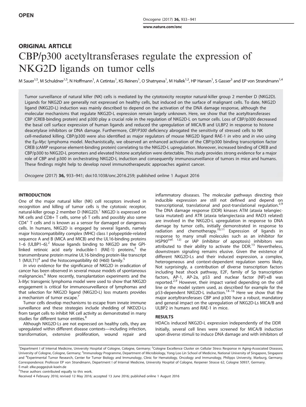 CBP/P300 Acetyltransferases Regulate the Expression of NKG2D Ligands on Tumor Cells