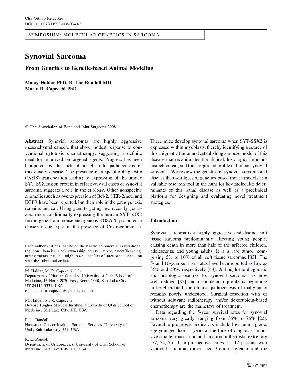Synovial Sarcoma from Genetics to Genetic-Based Animal Modeling