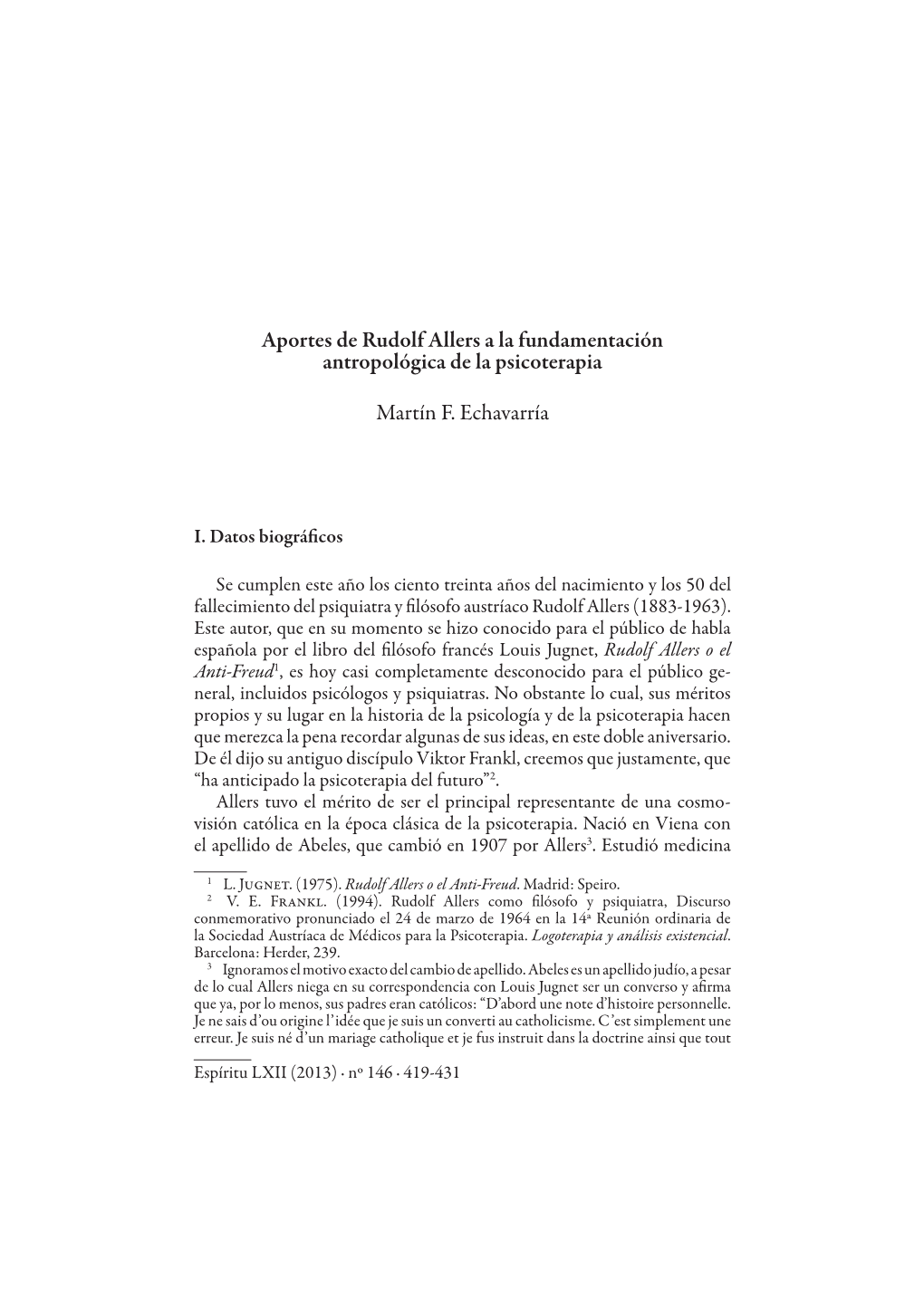 Aportes De Rudolf Allers a La Fundamentación Antropológica De La Psicoterapia