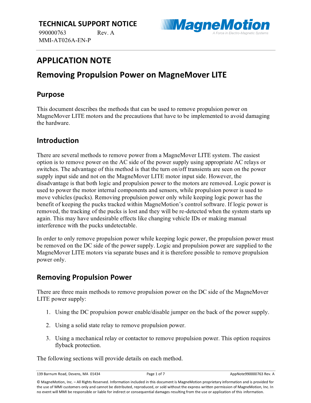 Application Note, Removing Propulsion Power Magnemover LITE