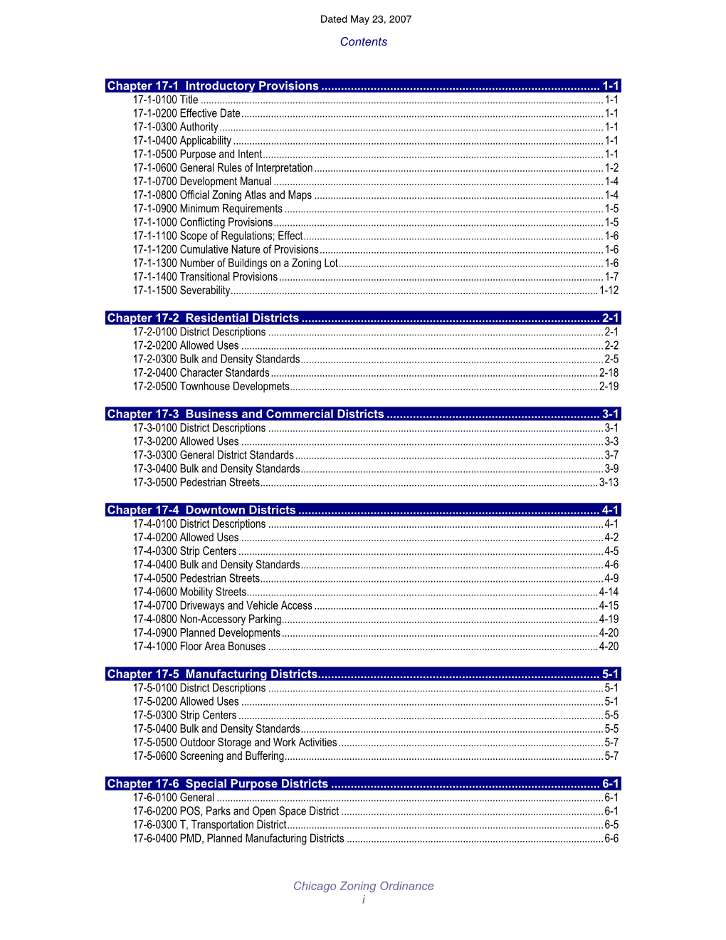 Contents Chicago Zoning Ordinance I Chapter 17-1 Introductory Provisions