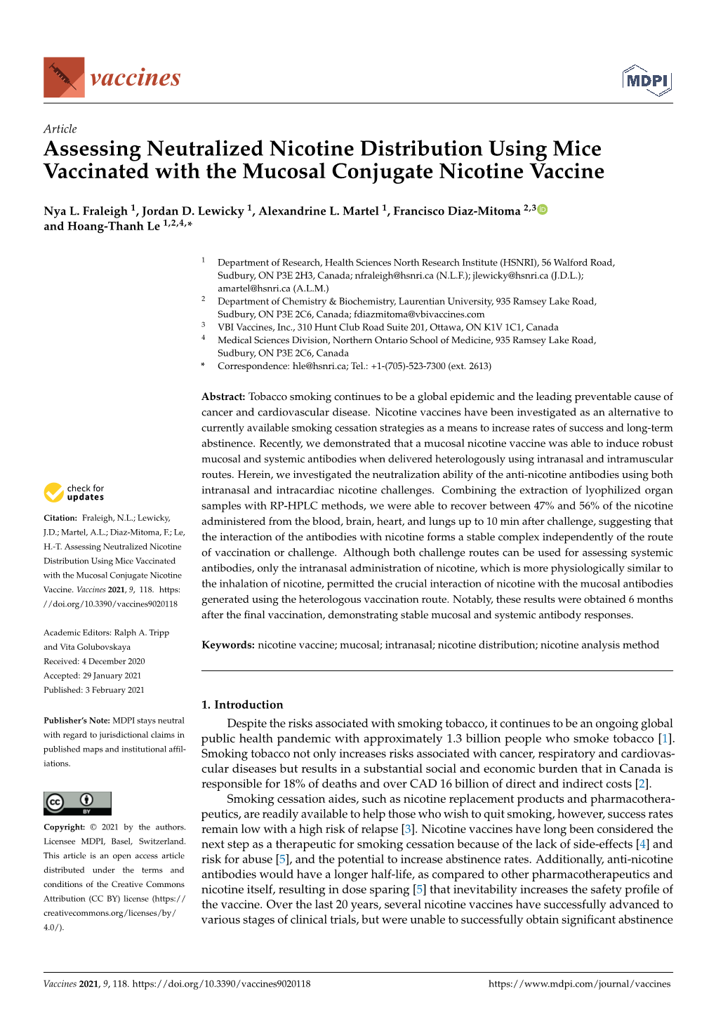 Assessing Neutralized Nicotine Distribution Using Mice Vaccinated with the Mucosal Conjugate Nicotine Vaccine