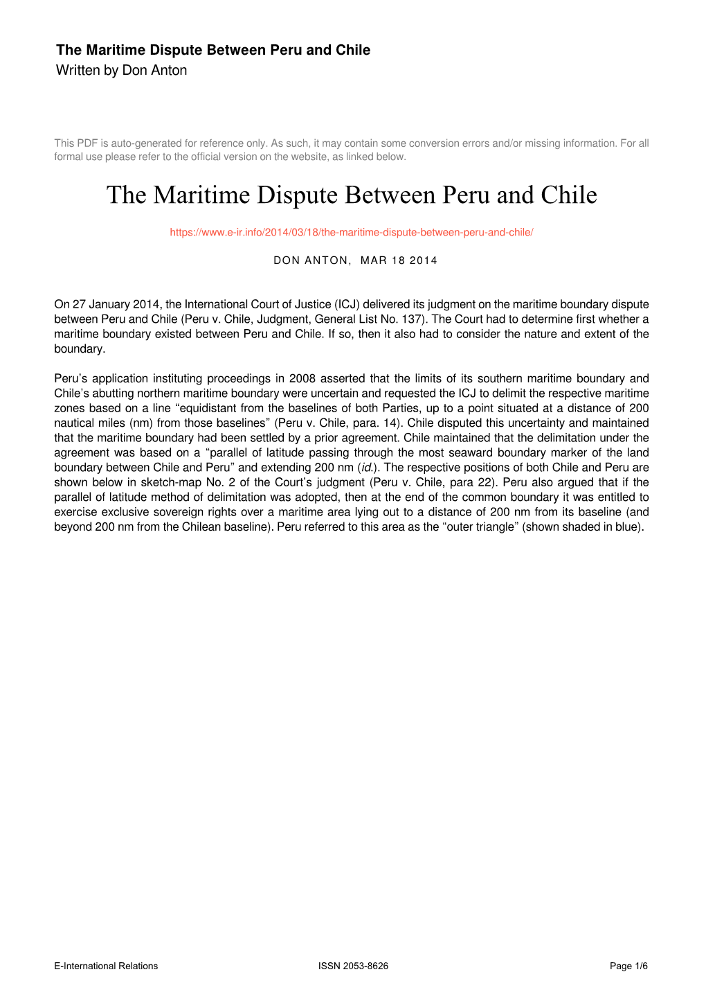 The Maritime Dispute Between Peru and Chile Written by Don Anton