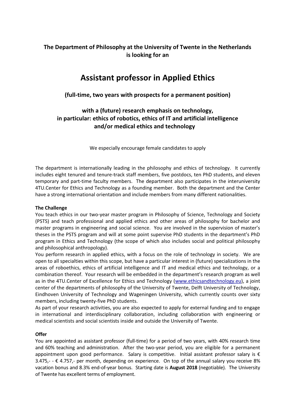 Assistant Professor in Applied Ethics