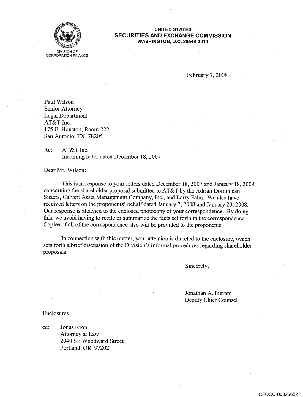 AT&T Inc.; February 7, 2008; Rule 14A-8 No-Action Letter