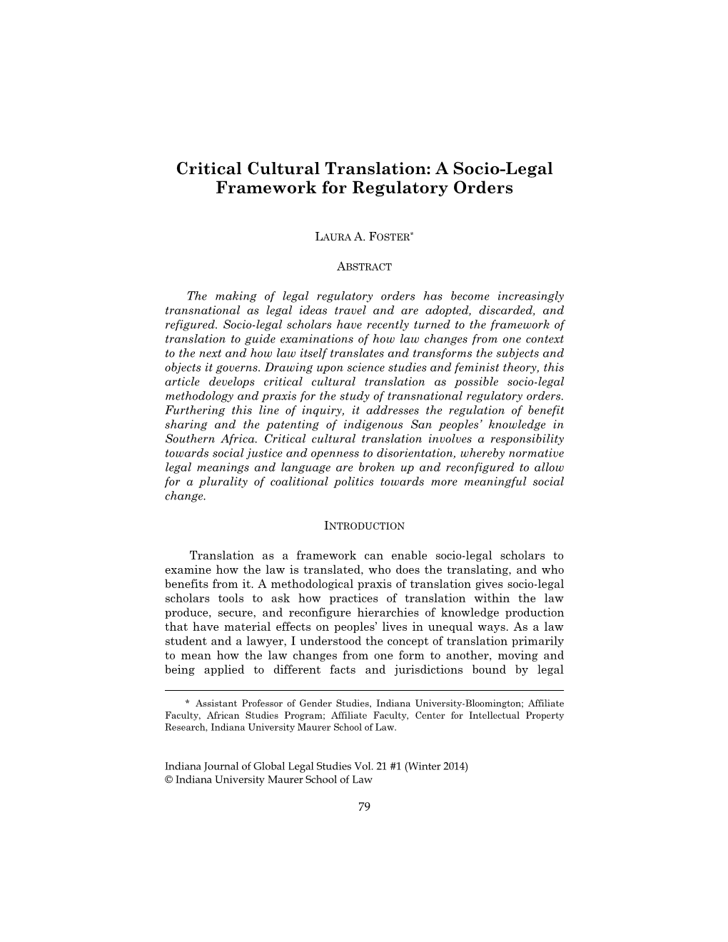 Critical Cultural Translation: a Socio-Legal Framework for Regulatory Orders