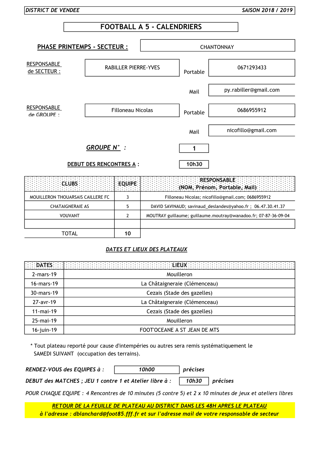 Football a 5 - Calendriers