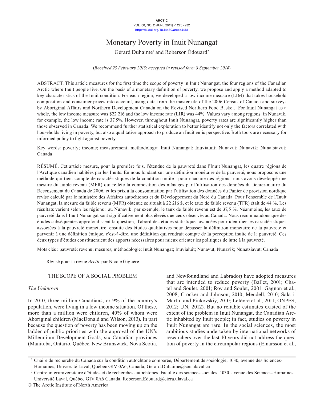 Monetary Poverty in Inuit Nunangat Gérard Duhaime1 and Roberson Édouard2