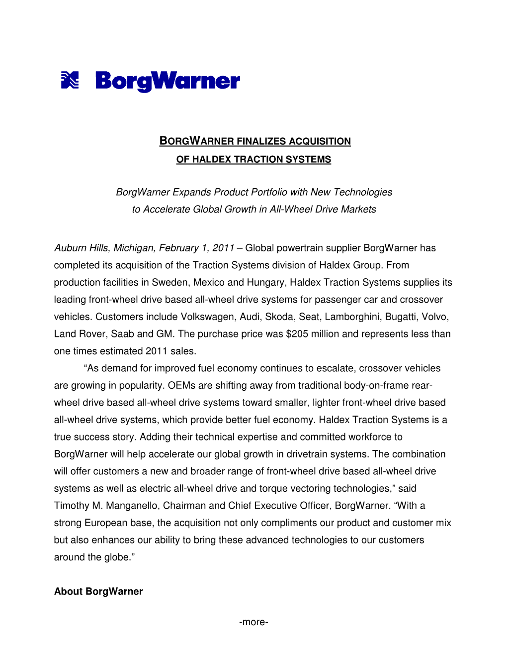 Borgwarner Finalizes Acquisition of Haldex Traction Systems) – 2