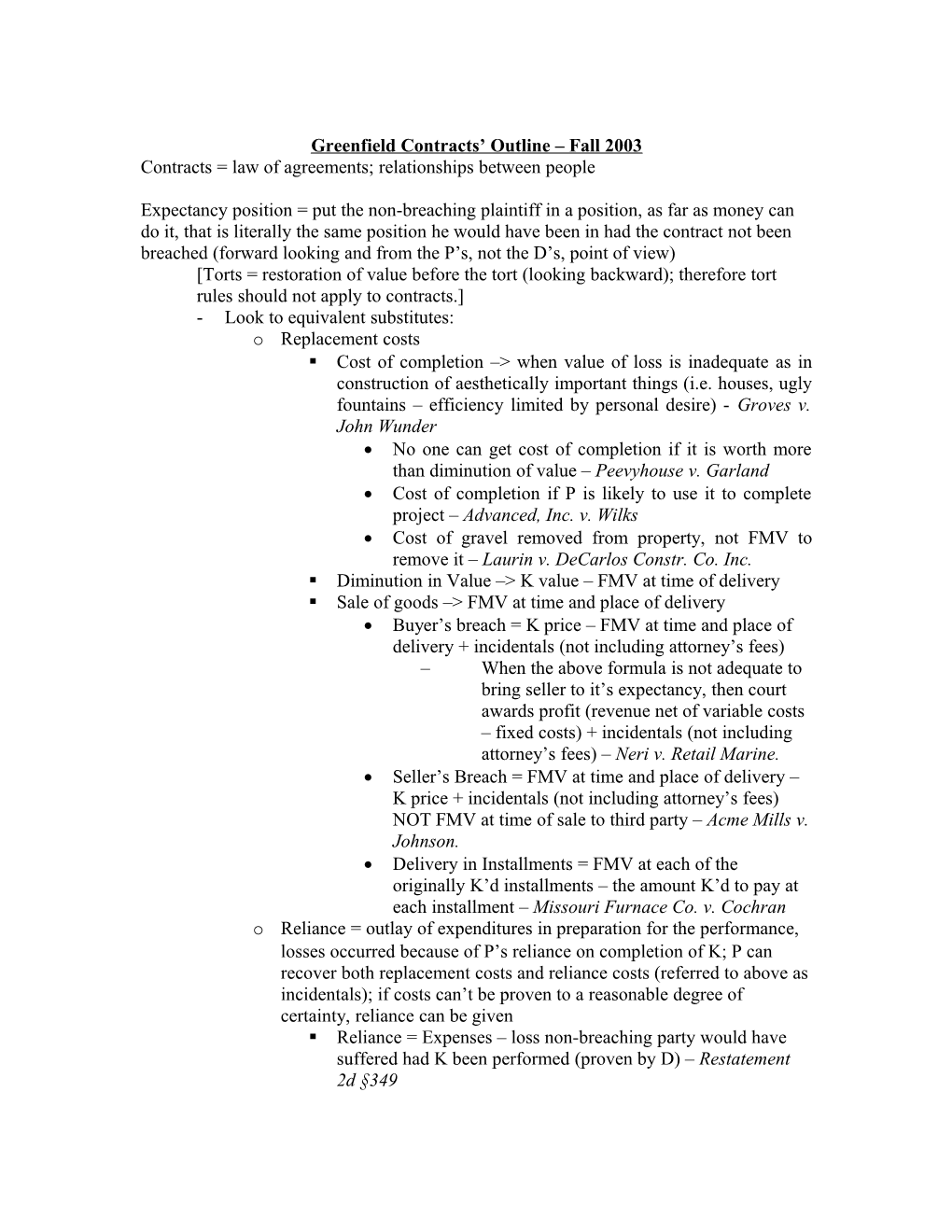 Greenfield Contracts Outline Fall 2003