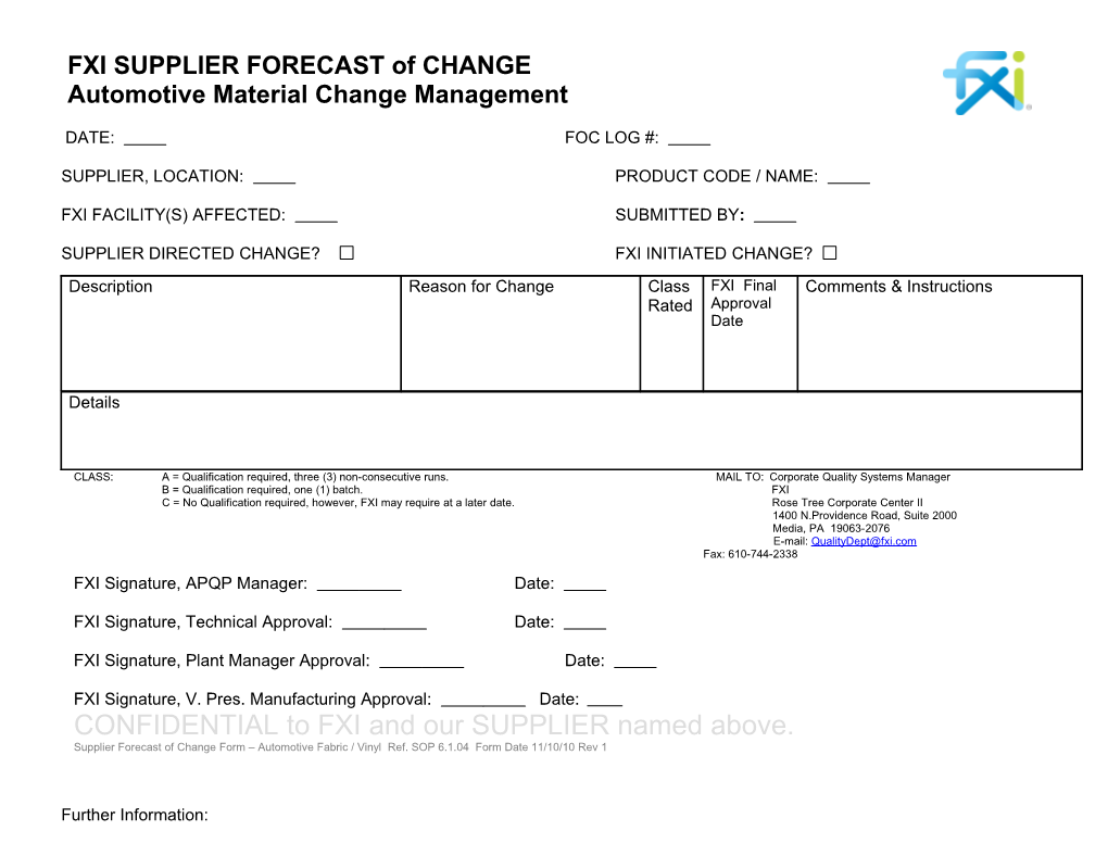 FXI SUPPLIER FORECAST of CHANGE