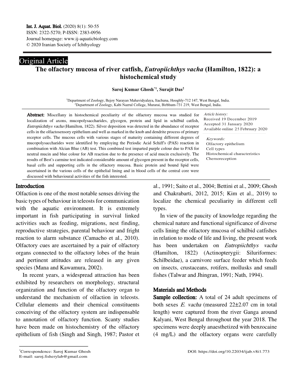 The Olfactory Mucosa of River Catfish, Eutropiichthys Vacha (Hamilton, 1822): a Histochemical Study