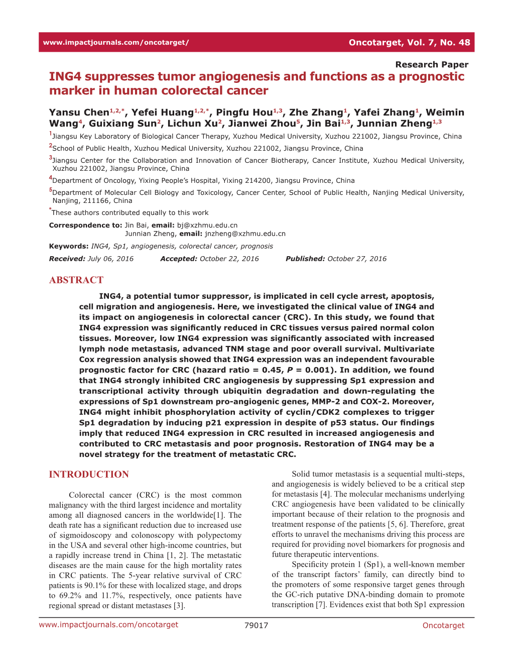 ING4 Suppresses Tumor Angiogenesis and Functions As a Prognostic Marker in Human Colorectal Cancer