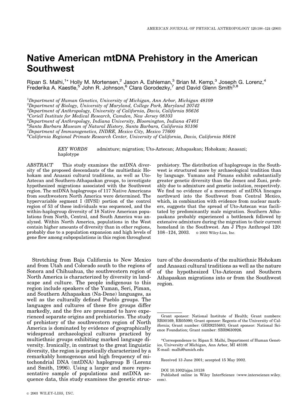 Native American Mtdna Prehistory in the American Southwest