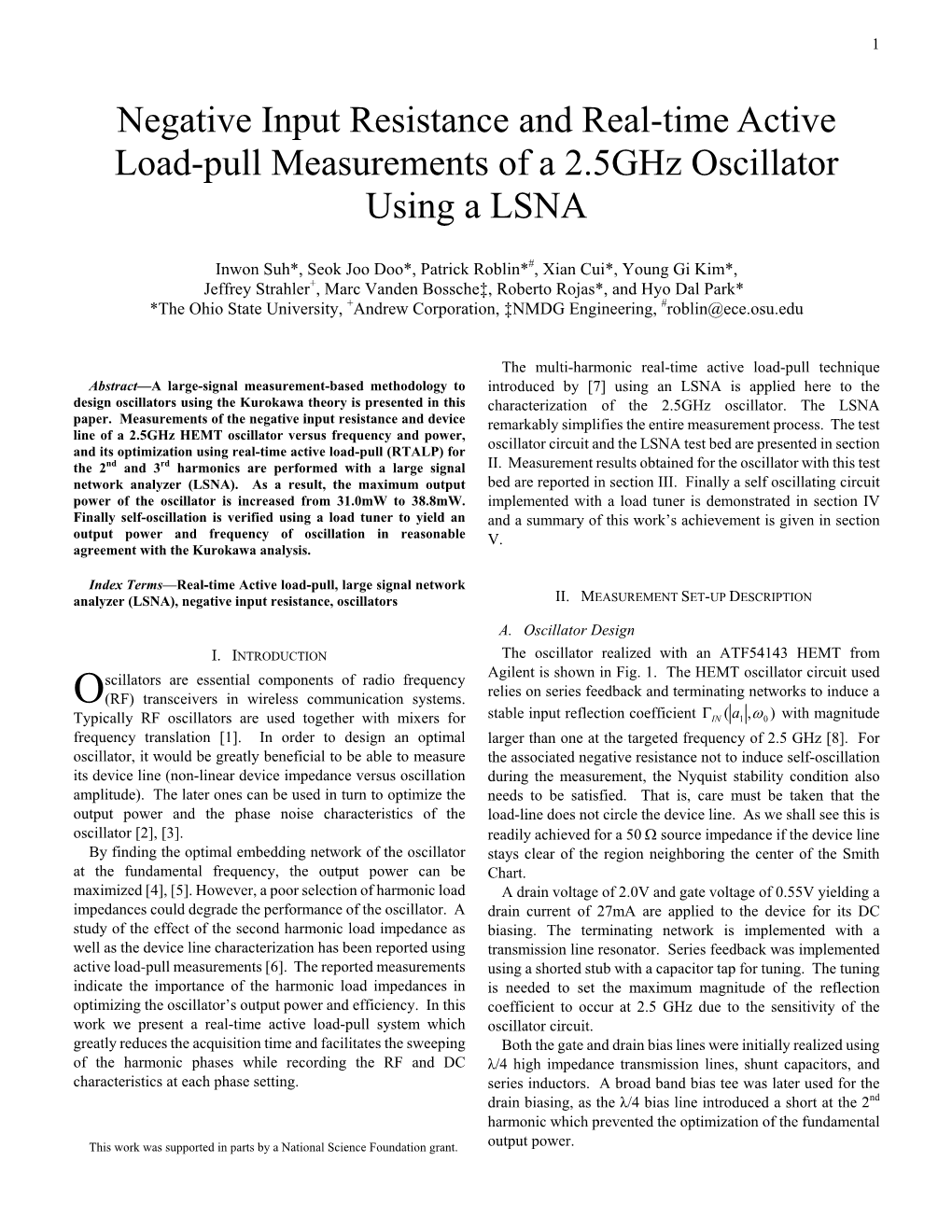 Negative Input Resistance and Real-Time Active Load-Pull Measurements of a 2.5Ghz Oscillator Using a LSNA