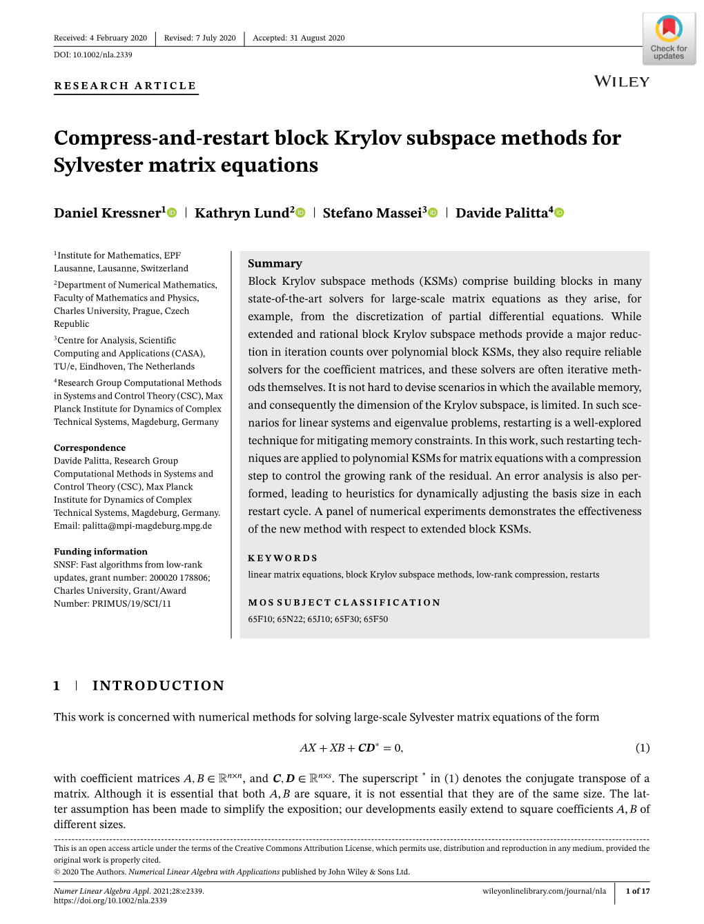 Compress‐And‐Restart Block Krylov Subspace Methods for Sylvester