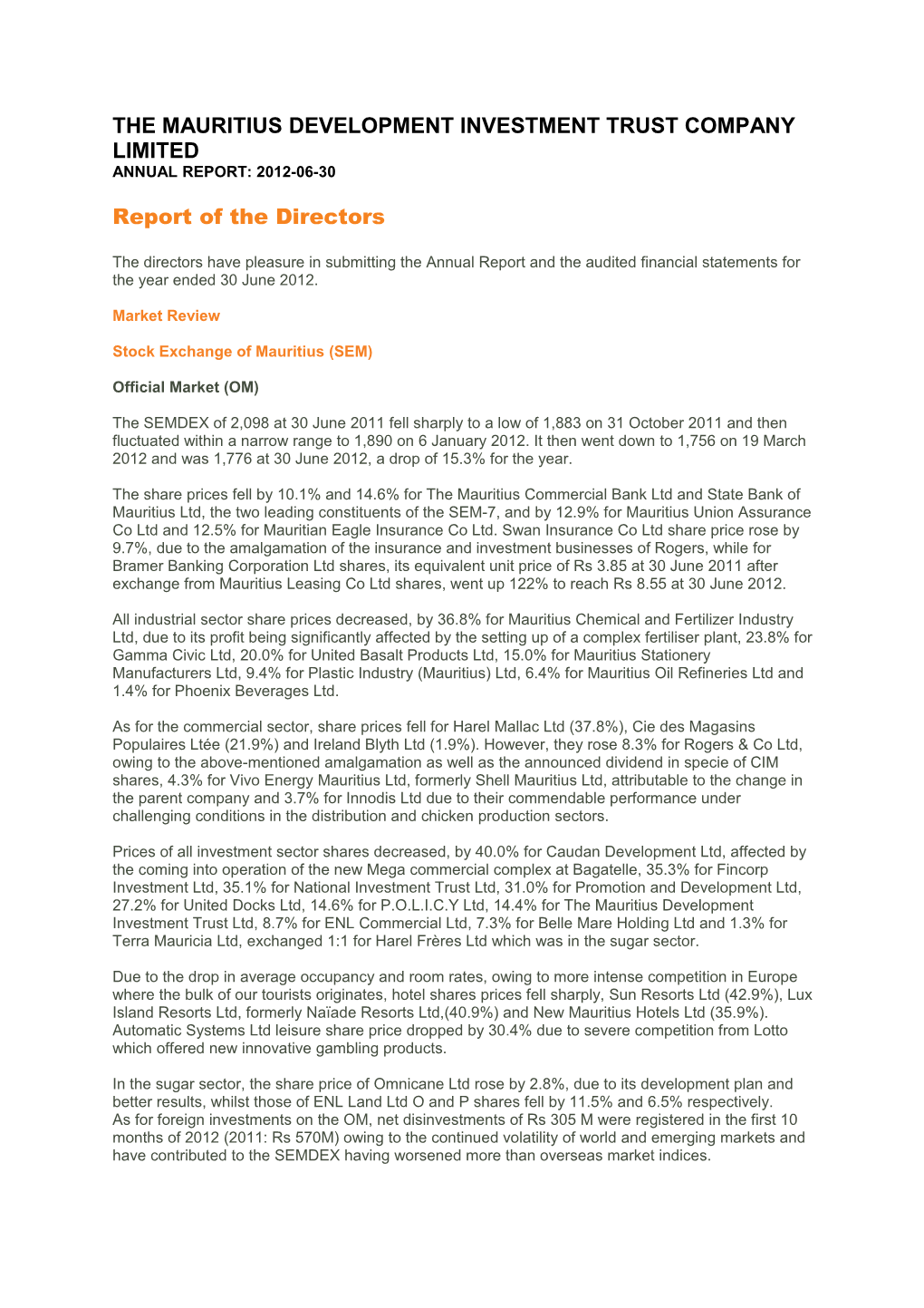 The Mauritius Development Investment Trust Company Limited