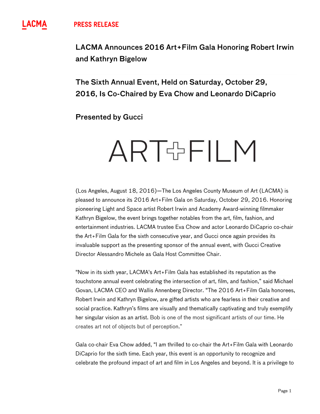 PRESS RELEASE LACMA Announces 2016 Art+Film Gala