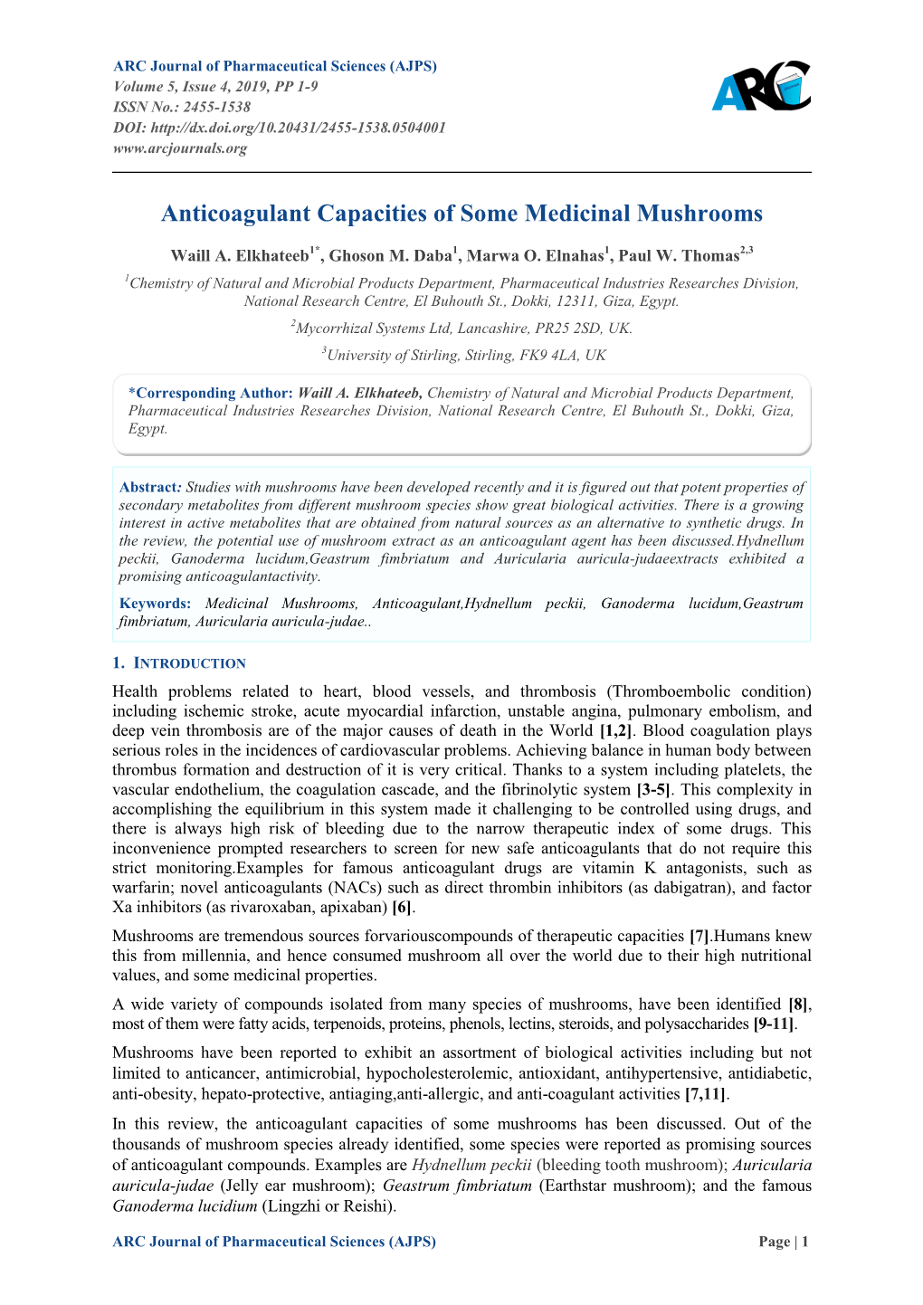 Anticoagulant Capacities of Some Medicinal Mushrooms