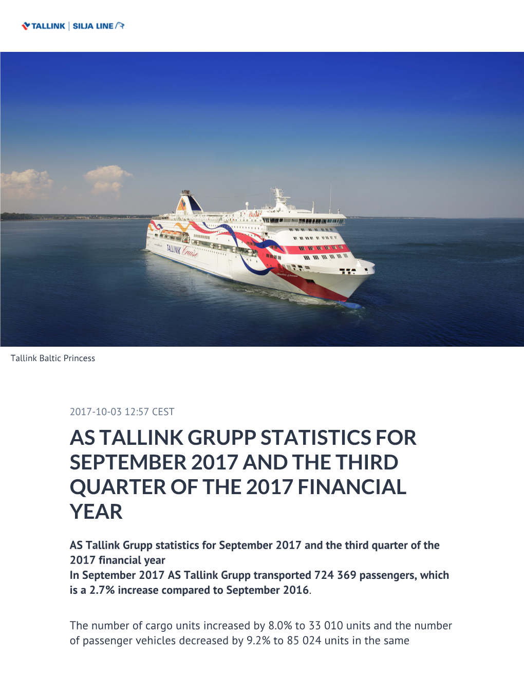 As Tallink Grupp Statistics for September 2017 and the Third Quarter of the 2017 Financial Year
