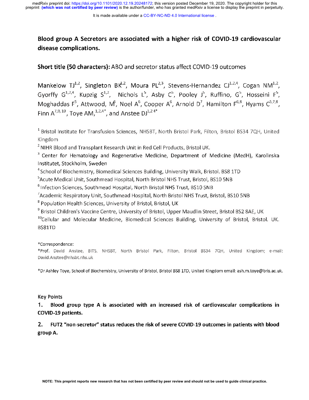 Blood Group a Secretors Are Associated with a Higher Risk of COVID-19 Cardiovascular Disease Complications