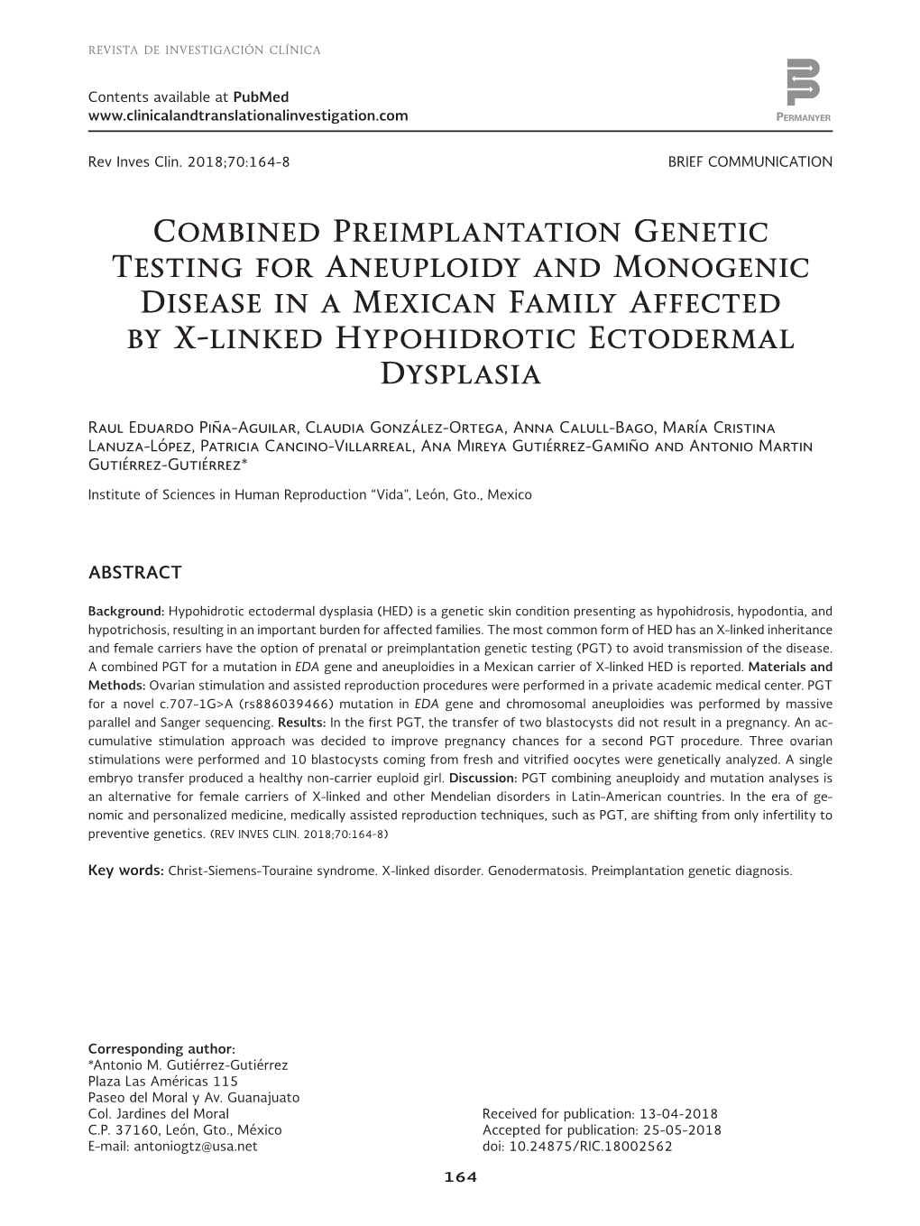 Combined Preimplantation Genetic Testing for Aneuploidy and Monogenic Disease in a Mexican Family Affected by X-Linked Hypohidr