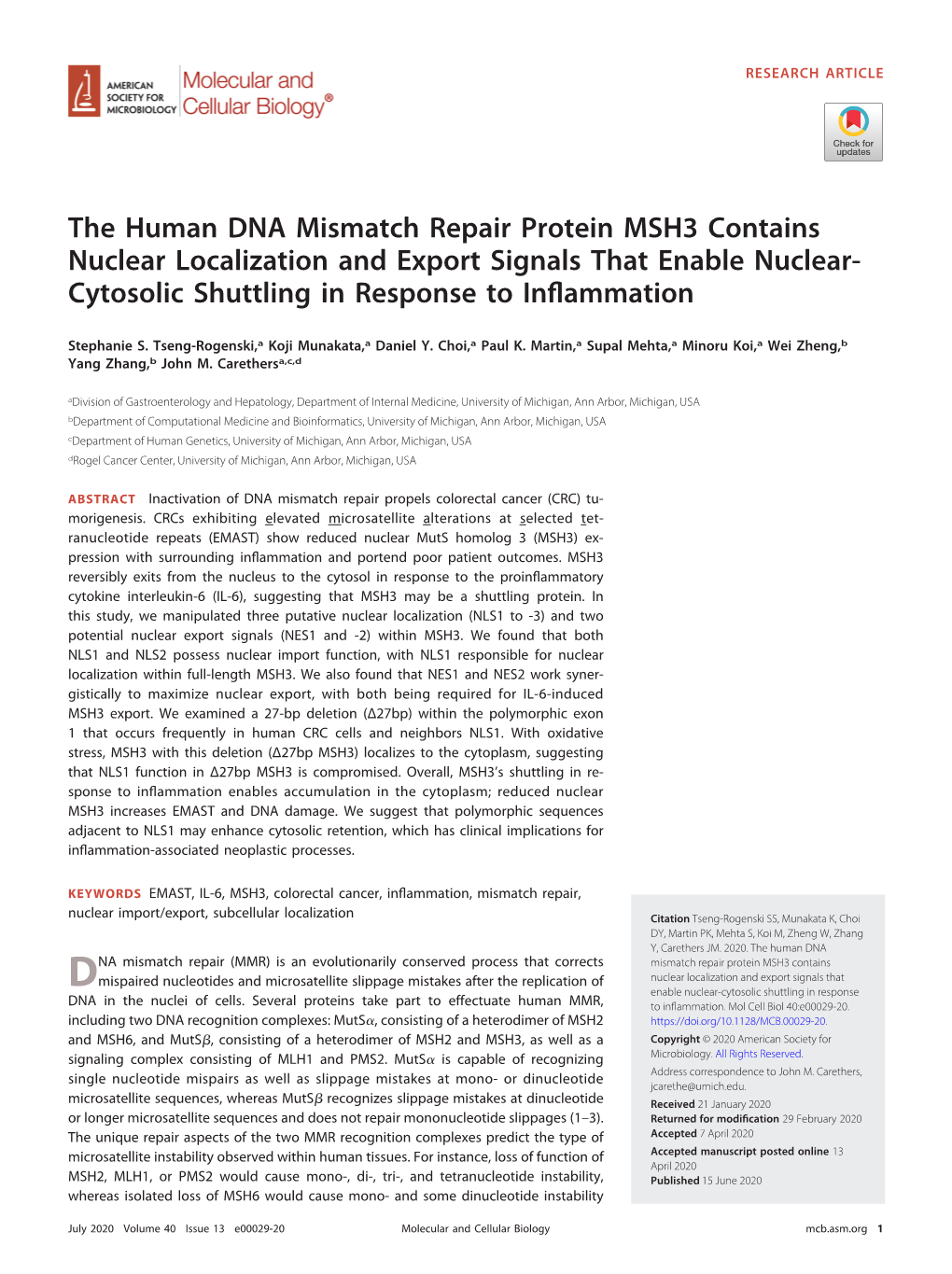 The Human DNA Mismatch Repair Protein MSH3 Contains Nuclear Localization and Export Signals That Enable Nuclear- Cytosolic Shuttling in Response to Inﬂammation