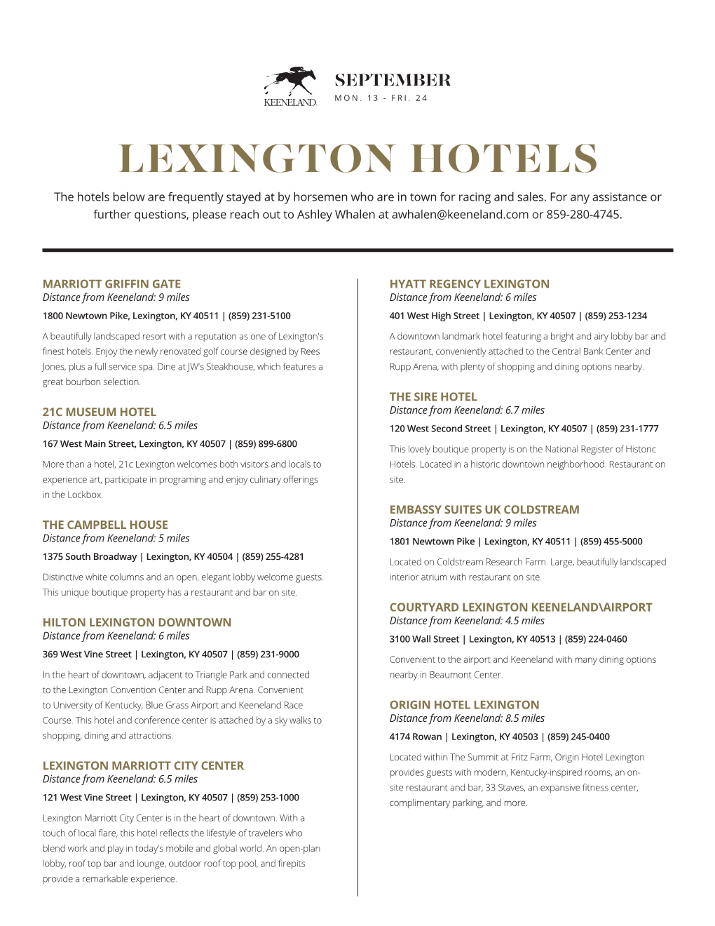 LEXINGTON HOTELS the Hotels Below Are Frequently Stayed at by Horsemen Who Are in Town for Racing and Sales