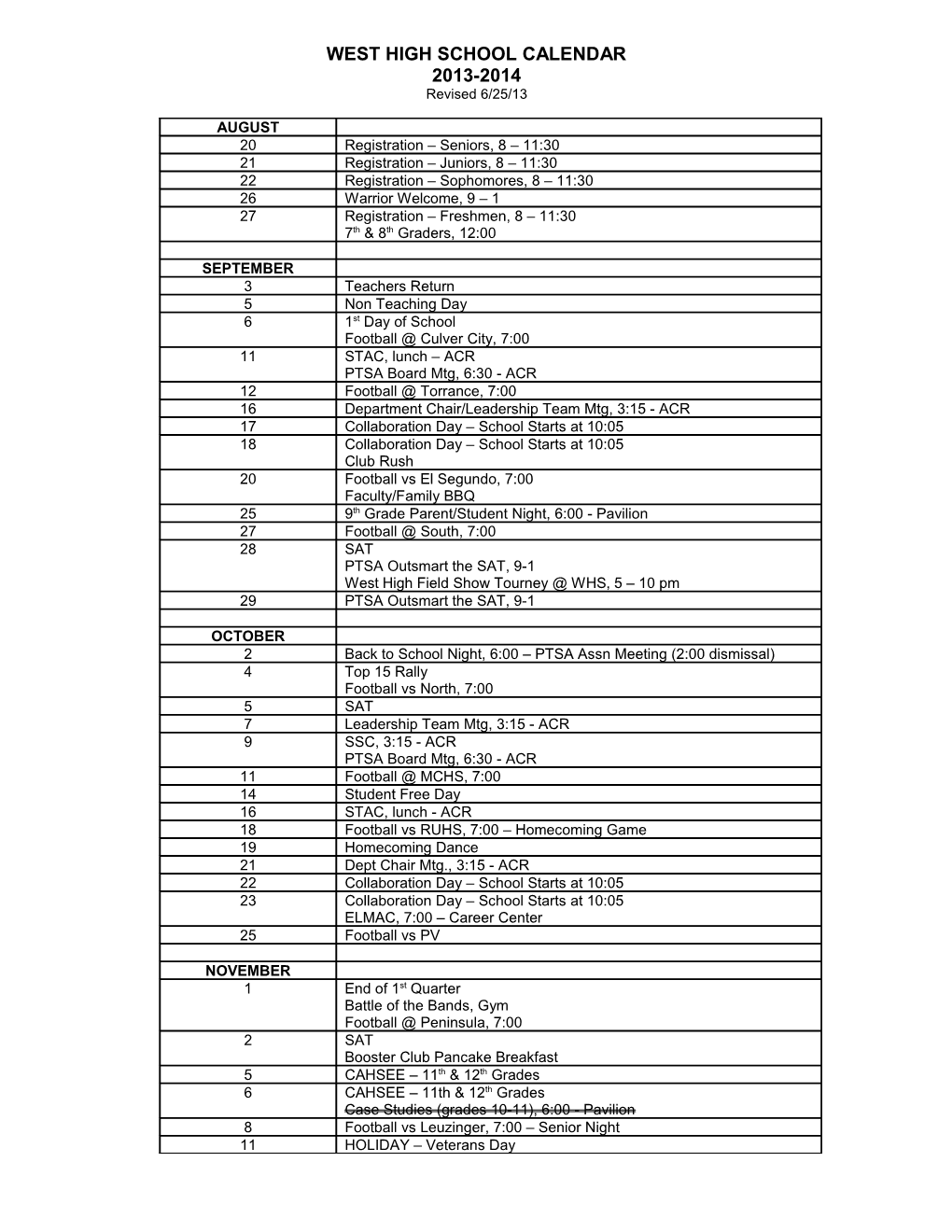 West High School Calendar